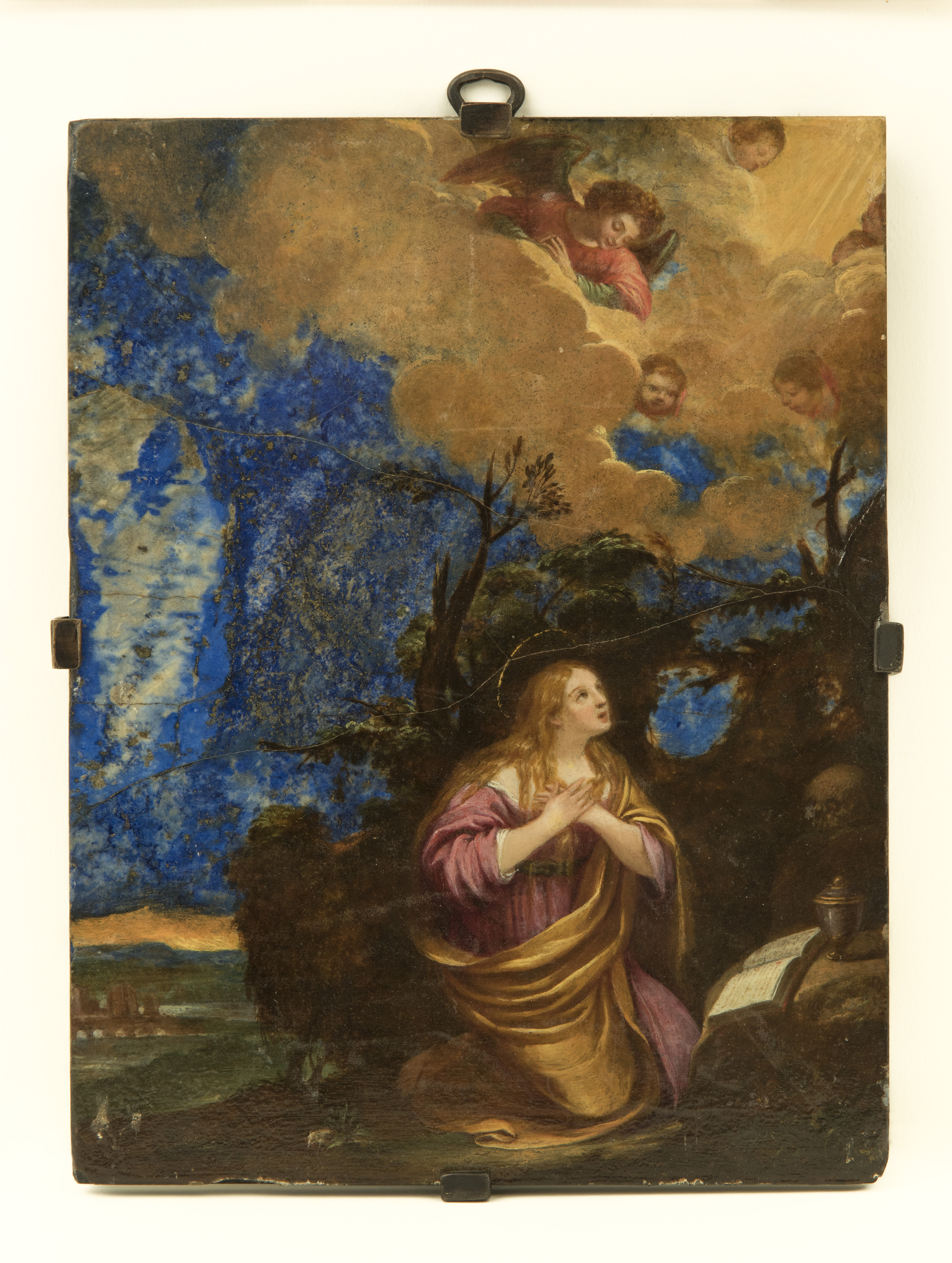 Pittore italiano Maddalena penitente olio su lapislazzuli 21 x 16.5 cm Collezione privata